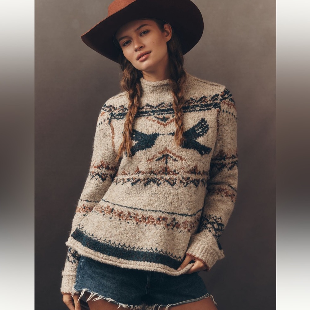 Pilcro by Anthropologie Cozy Beige Fair Isle Bird Sweater - Women
